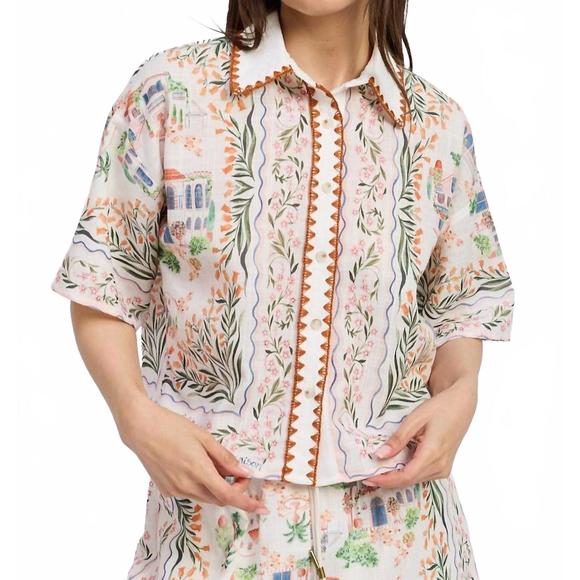 NEW EN SAISON alaia linen top in ivory terracotta - Picture 1 of 5